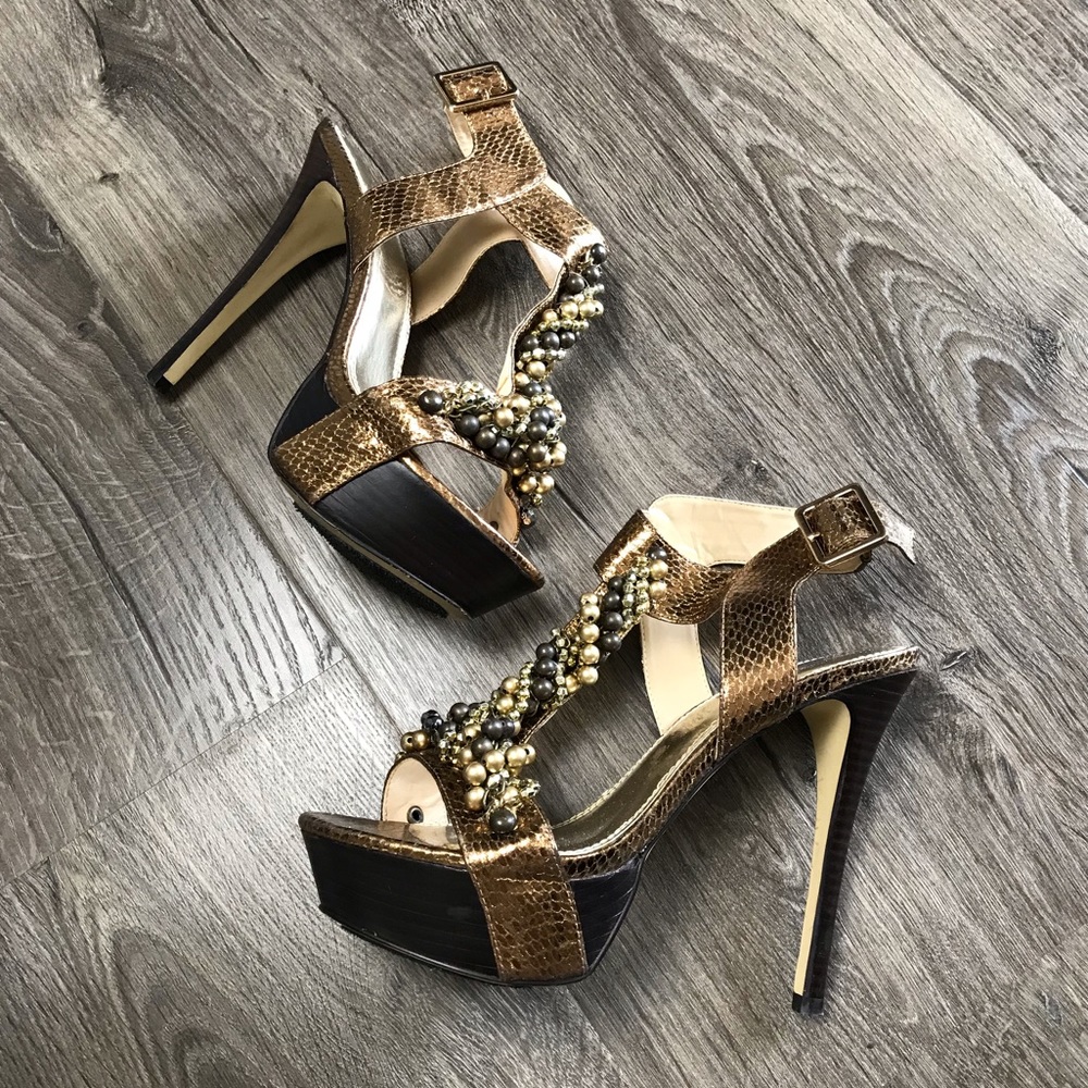 Bakers Amor Platform Heel Sandals Bronze Beaded Gem